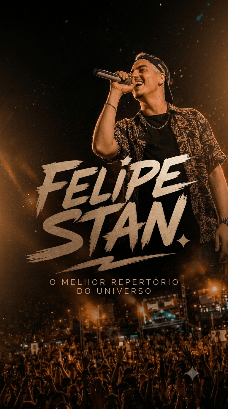 Felipe Stan cantando em show ao vivo, com multidão e holofotes dourados