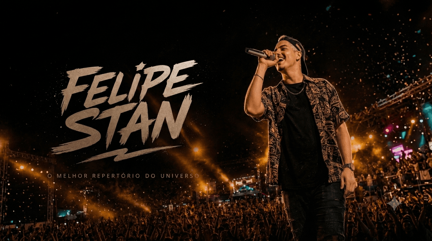 Felipe Stan cantando em show ao vivo, com multidão e holofotes dourados
